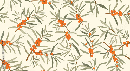 Seamless pattern with beautifully illustrated branches of sea buckthorn berries and leaves on a light cream-colored background.