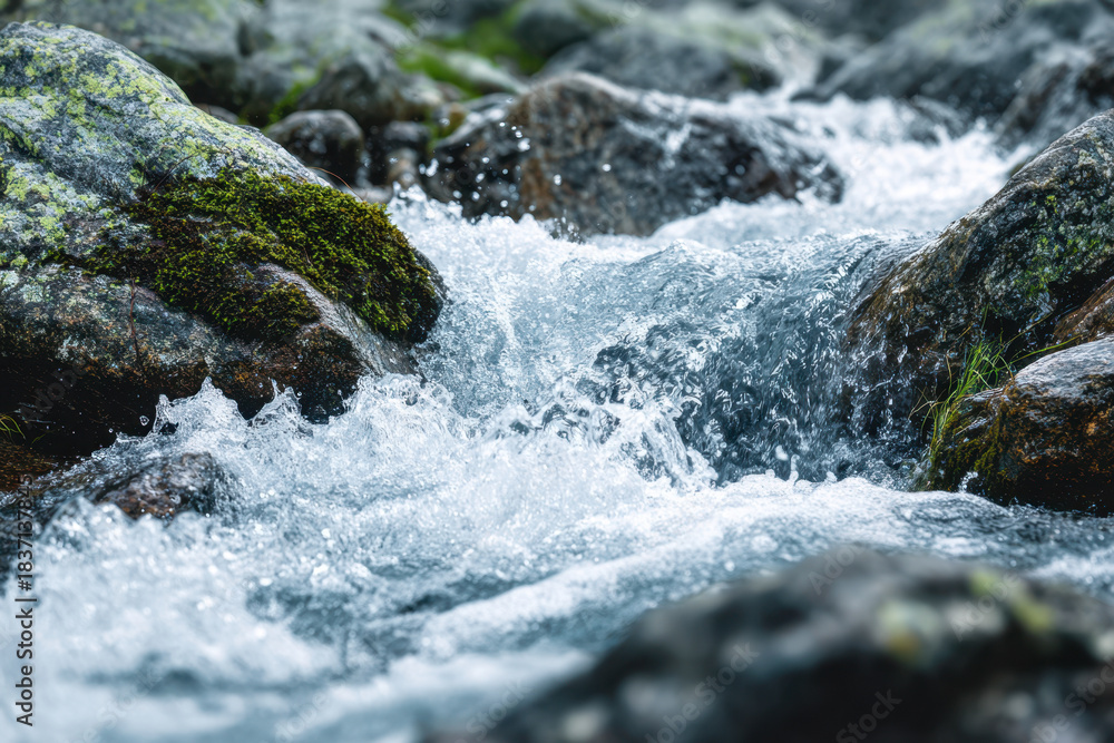Obraz premium Rushing mountain stream flowing over moss-covered rocks with clear fresh water splashing energetically in a serene natural forest landscape scene