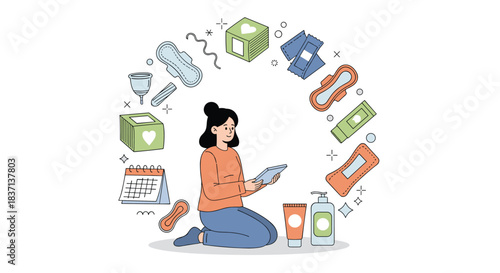 Young woman using a tablet to choose from a variety of feminine hygiene products like pads, tampons, and menstrual cups.