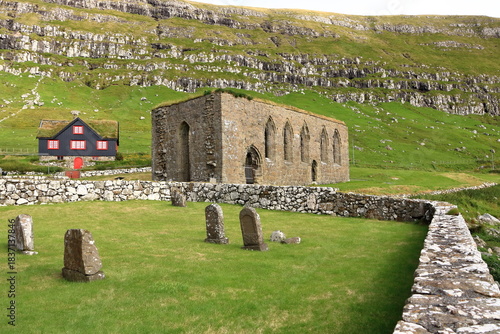 the village of Kirkjubour, famous for the ruins of an ancient cathedral, Kirkjubomururin, on the island of Streymoy, Europe, Faroe Islands, Denmark