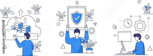 Cloud computing, cybersecurity, IT operations, data management, secure systems, productivity tools, shield icon, gear, clock, desktop interface, server, upload arrows, tablet, settings, digital workfl