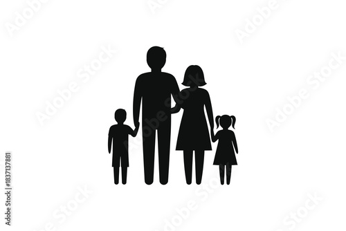 A black silhouette illustration depicting a united family unit with two children, a son and a daughter