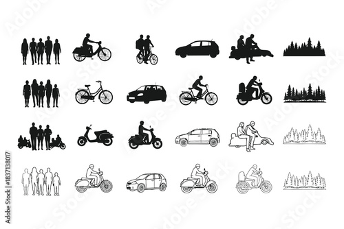 A comprehensive collection of urban elements: people, transportation, and nature silhouettes