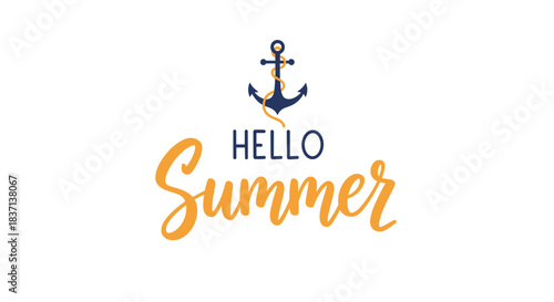 Cheerful 'Hello Summer' calligraphic lettering with a nautical anchor icon, perfect for a summer vacation or beach party greeting card.