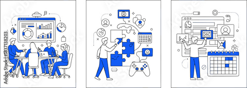 Teamwork, digital tools, project management, data analysis, puzzle integration, touchscreen interface, business strategy, calendar planning, cloud icons, charts, graphs, mobile devices, game controlle