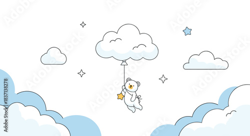 Minimalist line art illustration of a cute polar bear cub floating among the clouds, holding a cloud-shaped balloon in the sky.