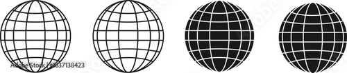 Wireframe globe icons, spherical grid design, black white earth model, abstract global shape, data visualization element, digital world concept