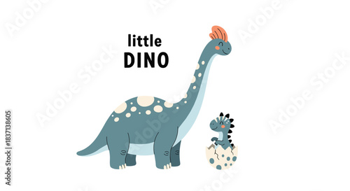 Cute cartoon illustration of a mother brachiosaurus dinosaur with her baby hatching from a spotted egg, with 'little DINO' text.