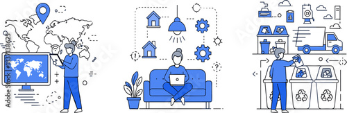 Global connectivity, smart home technology, sustainability, IoT devices, recycling, eco-friendly lifestyle, digital innovation, smart living, environmental awareness, modern tech, green habits