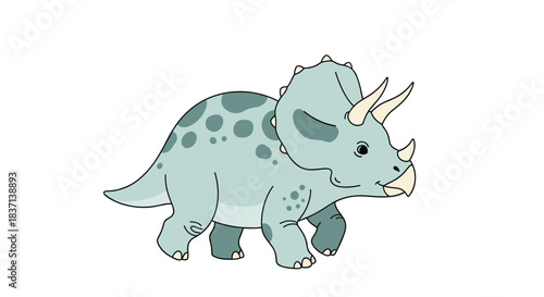 Simple and cute cartoon illustration of a walking green triceratops dinosaur isolated on a clean white background for children's designs.