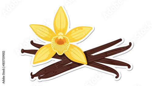 Illustration of a vibrant yellow orchid flower atop dried dark brown vanilla bean pods on a plain background with a white border suggesting a sticker or decal format