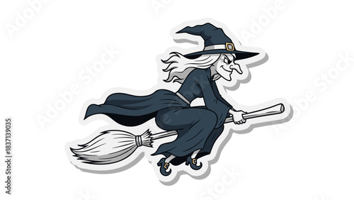 Halloween illustration of a classic witch with white hair wearing a dark blue dress and pointed hat flying on a broomstick with a magical aura against a black background