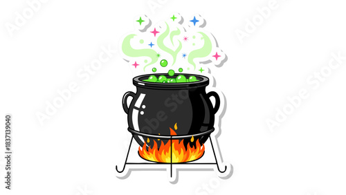 Halloween Witch Cauldron Bubbling Potion Over Open Fire With Green Smoke And Sparkles On Black Background