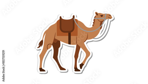 Illustration Of A Camel With A Saddle Standing On A Black Background With White Outline And Shadow