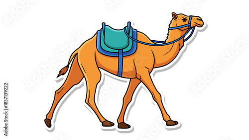 Illustration of a Camel with a Teal Saddle and Blue Straps Walking on a Black Background with White Outline Accent