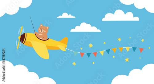 Cheerful cartoon bear pilot flying a yellow airplane across a blue sky with a colorful flag banner trailing behind the plane.