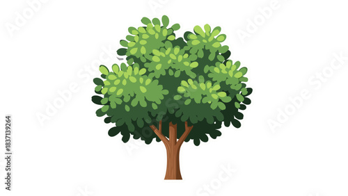 Illustration of a deciduous tree with green leaves and brown trunk set against a transparent background suitable for design and illustration projects