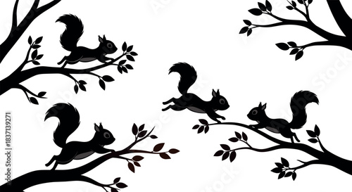 Squirrels leaping between tree branches, dynamic wildlife silhouette vector illustration for decor, logo, editorial, tattoo, and nature-themed design use