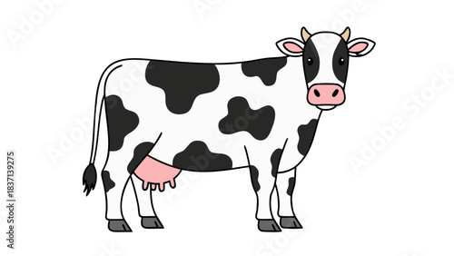 Illustration Of A Holstein Friesian Cow With Black And White Patches Standing On A Black Background With A Pink Udder And Horns