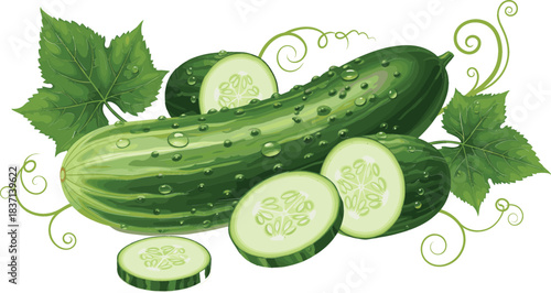 Realistic Detailed Vector Illustration of Fresh Green Cucumber with Slices, Water Drops, Curly Tendrils, and Leaves, Representing Healthy Organic Food, Gardening Harvest, and Natural Ingredients.