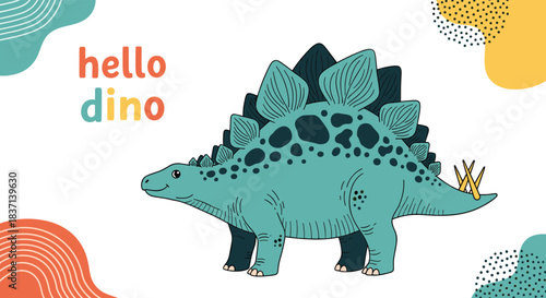 Cute illustration of a green stegosaurus dinosaur on a white background with abstract shapes and 'hello dino' handwritten text.
