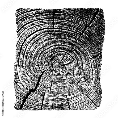 Monochrome illustration of a tree stump with visible growth rings, cracks, and a rough texture, isolated on for design and decoration