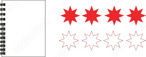 Notebook pattern page, red stars, visual exercise, educational design, cognitive activity, outlined shapes, solid icons, learning tool, spiral notebook, pattern recognition, star symbols