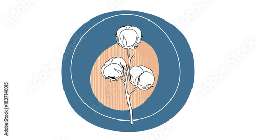 Elegant icon of a cotton plant branch in a circle with abstract blue and pink shapes, representing natural and organic materials.