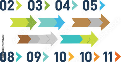 Numbered arrows, segmented arrow design, colorful direction icons, workflow steps, process timeline, UI elements, vector graphic, arrow sequence layout