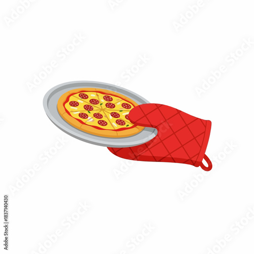 Red oven mitt holding a freshly baked pepperoni pizza on a metal pan