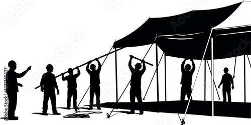 Tent setup teamwork silhouette set, cartoon workers assembling large shelter structure illustration, vector outdoor construction and coordination concept, black and white graphic