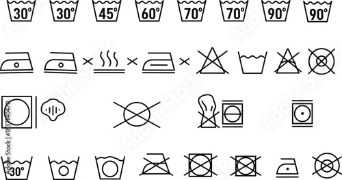 Laundry care symbols, washing instructions, ironing icons, drying guide, bleach warning, garment label, textile care, clothing tag, vector set
