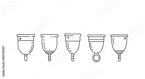 A set of five different menstrual cup designs in a clean black and white line art style, illustrating reusable feminine hygiene options.