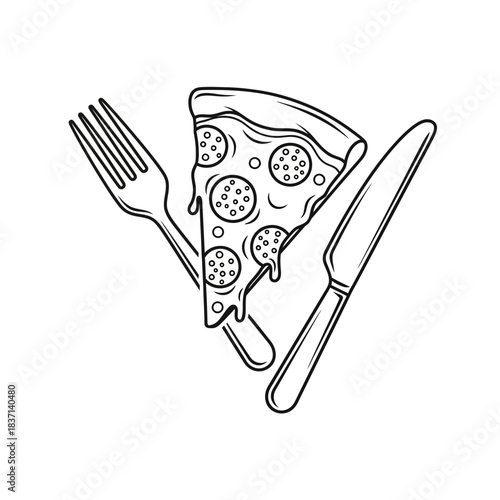 A slice of pepperoni pizza with a fork and knife, ready to be eaten