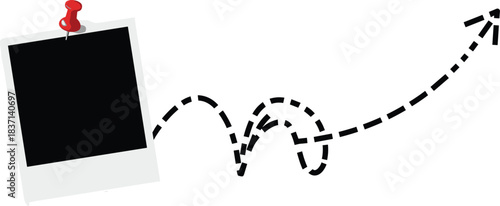 Polaroid photo, red pushpin, dashed arrow, creative journey, visual storytelling, white background, vector design, abstract layout, whimsical path, travel concept