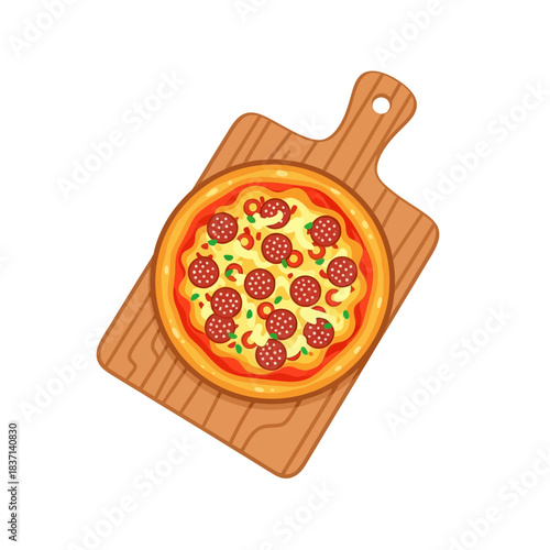 A circular pepperoni pizza rests on a wooden cutting board, isolated on a white background.