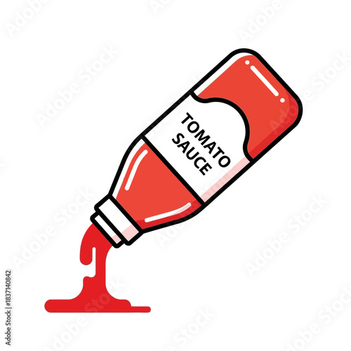 A red tomato sauce bottle tilting and pouring its contents onto a flat surface