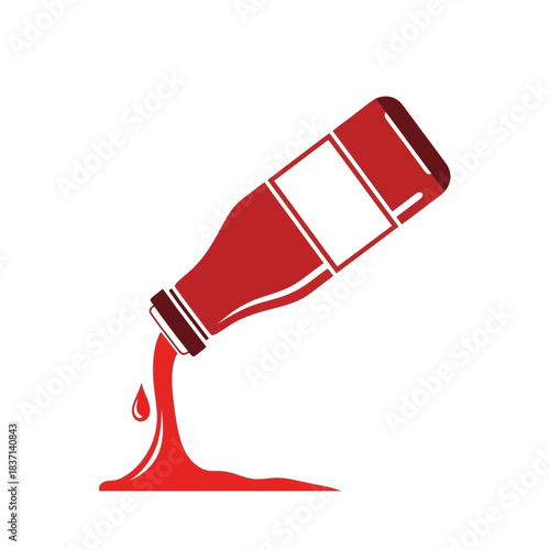 Red ketchup bottle pouring sauce on isolated white background