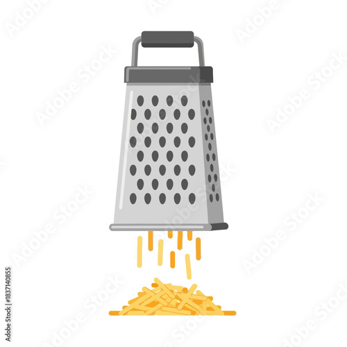 A four-sided metal grater with a handle shreds cheese onto a pile below.