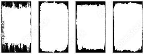 Photo grunge frames set template. Ink paint edges punk border for poster and banner. Retro textured overlays. Rectangular old white backgrounds. Vector design illustration.