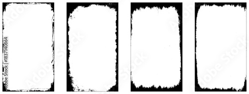 Photo grunge frames set template. Ink paint edges punk border for poster and banner. Retro textured overlays. Rectangular old white backgrounds. Vector design illustration.