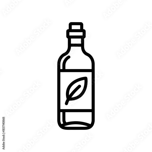 Line art icon of a bottle with a leaf label indicating natural contents