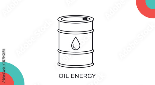 Simple line art icon of an oil barrel with a drop symbol representing crude petroleum, fossil fuels, and the energy industry.