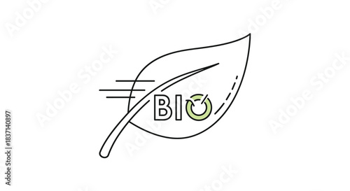 Minimalist line art icon of a leaf with the word 'BIO' and a checkmark, symbolizing organic, natural, and eco-friendly products.