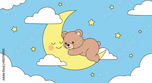 Sweet and peaceful illustration of a cute cartoon teddy bear sleeping and hugging a smiling crescent moon in a blue sky with stars.