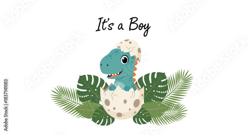 Cute 'It's a Boy' baby shower announcement card featuring an adorable baby dinosaur hatching from an egg surrounded by tropical leaves.
