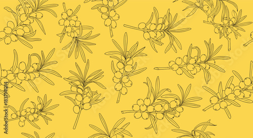 Seamless pattern of hand-drawn sea buckthorn branches in a black line art style on a solid bright yellow background.