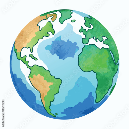 A colorful vector-style globe with bright blue oceans and green continents, illustrated in a clean, modern, and slightly cartoonish style