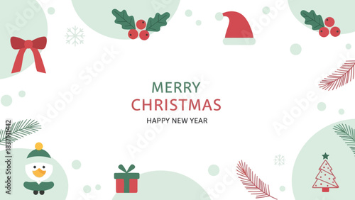 Festive Christmas and New Year Greeting Card with Holiday Symbols and Cheerful