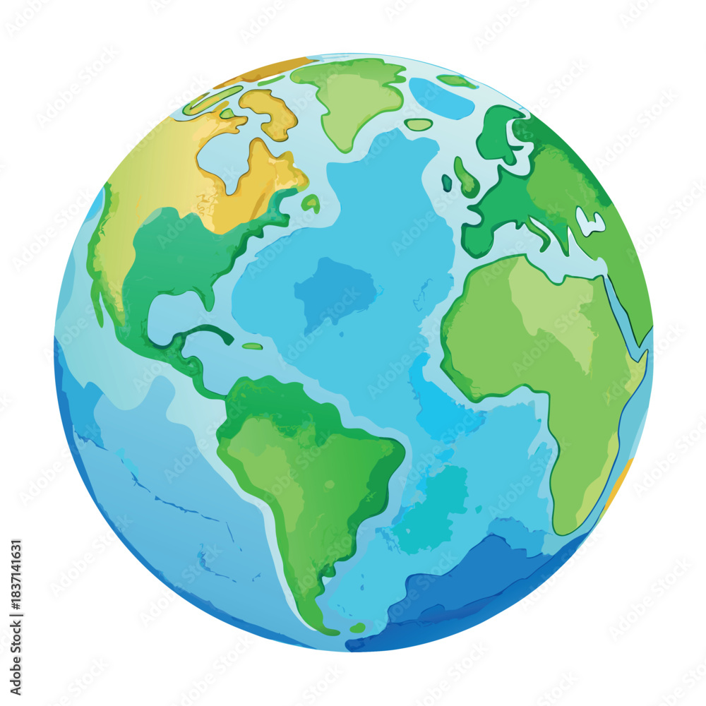 Naklejka premium A colorful vector-style globe with bright blue oceans and green continents, illustrated in a clean, modern, and slightly cartoonish style